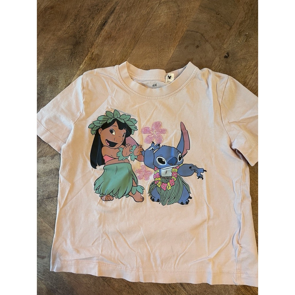 Disney Lilo & Stitch H&M Girls Pink Graphic T-Shirt Beaded Flowers Size M 6-8Y